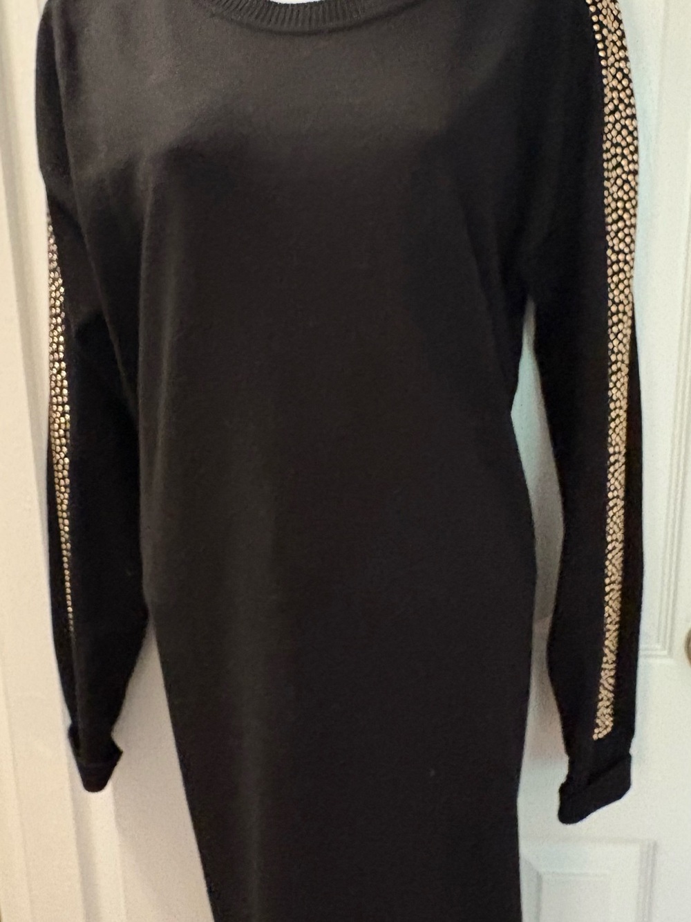 Black Long Sleeve Sweater Dress with Gold Beaded Sleeve Trim